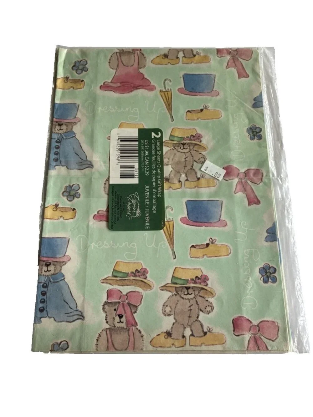 Vintage Teddy Bear Dressing Up Gift Wrap 2 Sheets Juvenile Wrapping Paper 20x30
